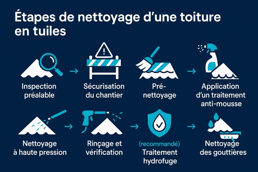 Infographie en 8 étapes illustrant le nettoyage d'une toiture en tuiles : inspection, sécurisation, pré-nettoyage, traitement anti-mousse, nettoyage haute pression, rinçage, traitement hydrofuge et nettoyage des gouttières.