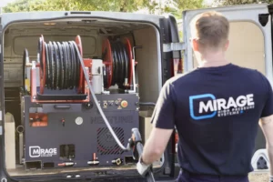 Technicien Mirage installant un nettoyeur haute pression mobile Neptune dans un utilitaire professionnel