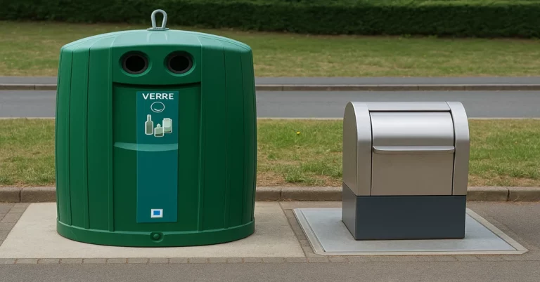 Colonne aérienne verte pour le tri du verre et colonne enterrée en acier inoxydable, côte à côte sur un trottoir, illustrant les deux solutions de collecte des déchets en France.