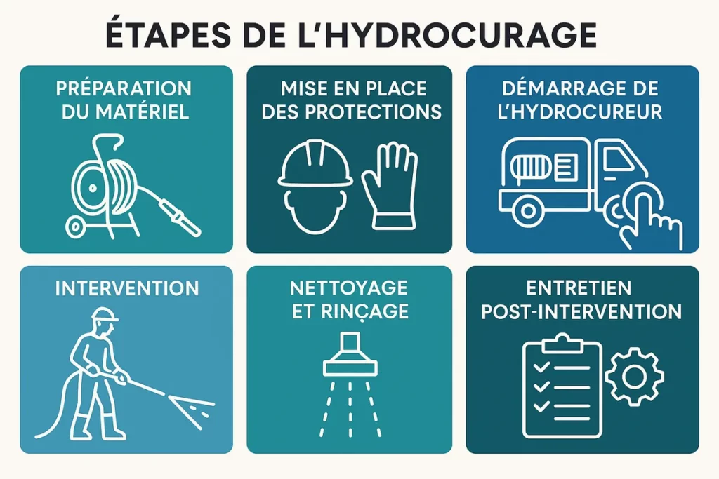 Infographie des 6 étapes d’une intervention de curage professionnel de canalisations