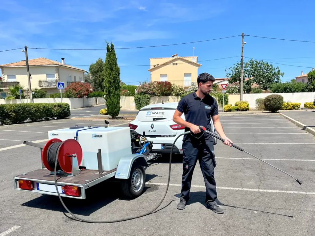 Technicien utilisant une hydrocureuse sur remorque MIRAGE pour le nettoyage haute pression en extérieur