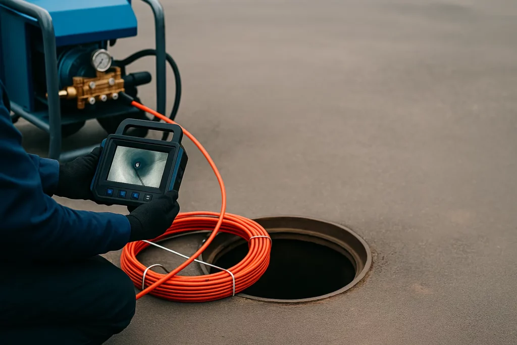 Technicien inspectant une canalisation à l’aide d’une caméra d’inspection connectée, avec enrouleur et hydrocureur en arrière-plan.