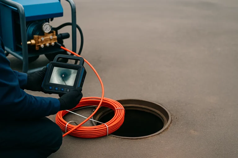 Technicien inspectant une canalisation à l’aide d’une caméra d’inspection connectée, avec enrouleur et hydrocureur en arrière-plan.