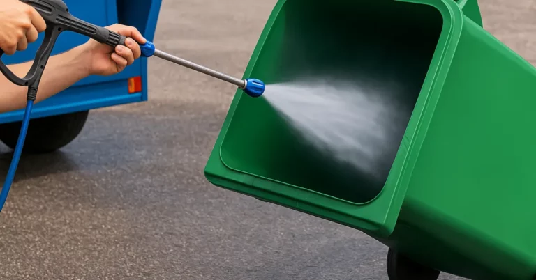 Travailleur nettoyant un conteneur à poubelle vert avec un nettoyeur haute pression sur sol asphalté.