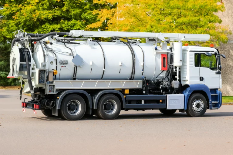 Camion hydrocureur performant stationné sur la route, équipé d’une cuve cylindrique et d’un système de nettoyage haute pression, destiné à l’assainissement des canalisations.