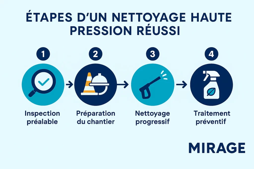 nfographie des 5 étapes pour nettoyer efficacement une toiture en ardoise avec un nettoyeur haute pression professionnel MIRAGE.