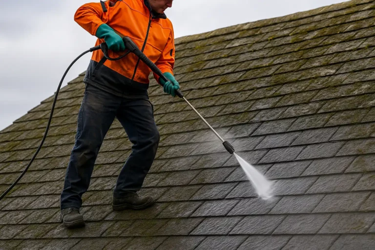 Un professionnel nettoie une toiture en ardoise recouverte de mousse à l’aide d’un nettoyeur haute pression, révélant une nette différence entre les zones propres et sales.