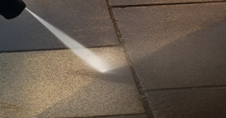 et d’eau haute pression nettoyant une dalle encrassée, illustrant l’efficacité d’un nettoyeur haute pression professionnel en action.
