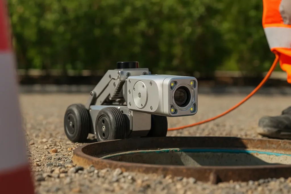 Robot d’inspection motorisé haute résolution positionné devant une bouche d’égout pour inspection de canalisation, connecté par câble orange.