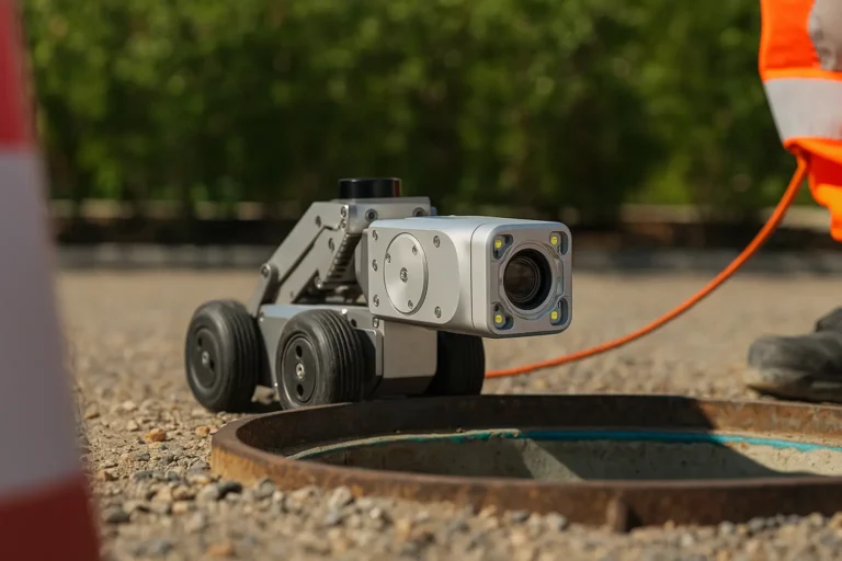 Robot d’inspection motorisé haute résolution positionné devant une bouche d’égout pour inspection de canalisation, connecté par câble orange.