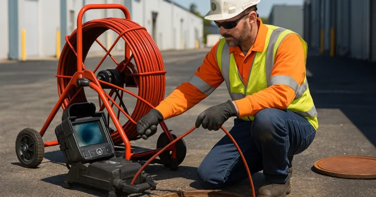 Technicien professionnel inspectant une canalisation avec une caméra d’inspection moderne, agenouillé près d’un regard, utilisant un câble et un écran de contrôle.