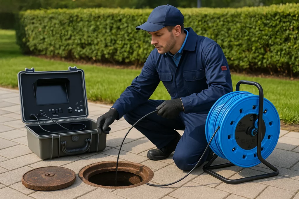Technicien en tenue professionnelle inspectant une canalisation avec une caméra d’inspection, agenouillé près d’une ouverture sur sol pavé, utilisant un enrouleur de câble bleu et un écran de contrôle.