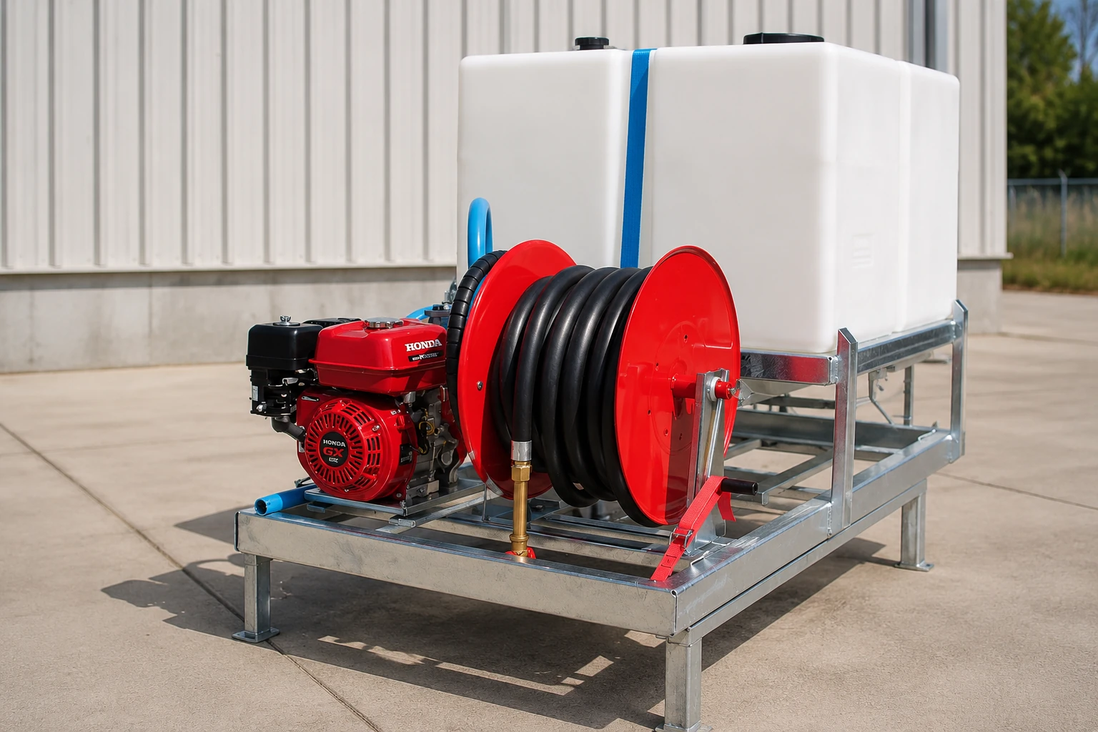 Kit incendie autonome MIRAGE avec cuve d’eau, motopompe basse pression et enrouleur de tuyau installé sur un châssis galvanisé
