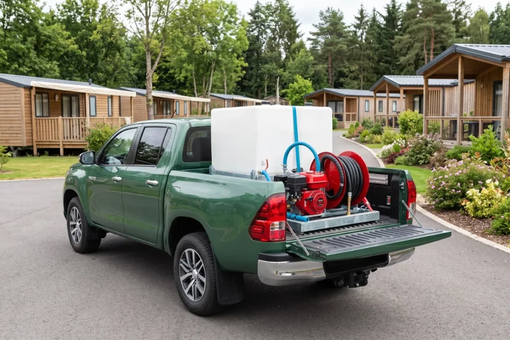 Kit incendie embarqué MIRAGE installé sur un pick-up dans un camping avec hébergements de plein air