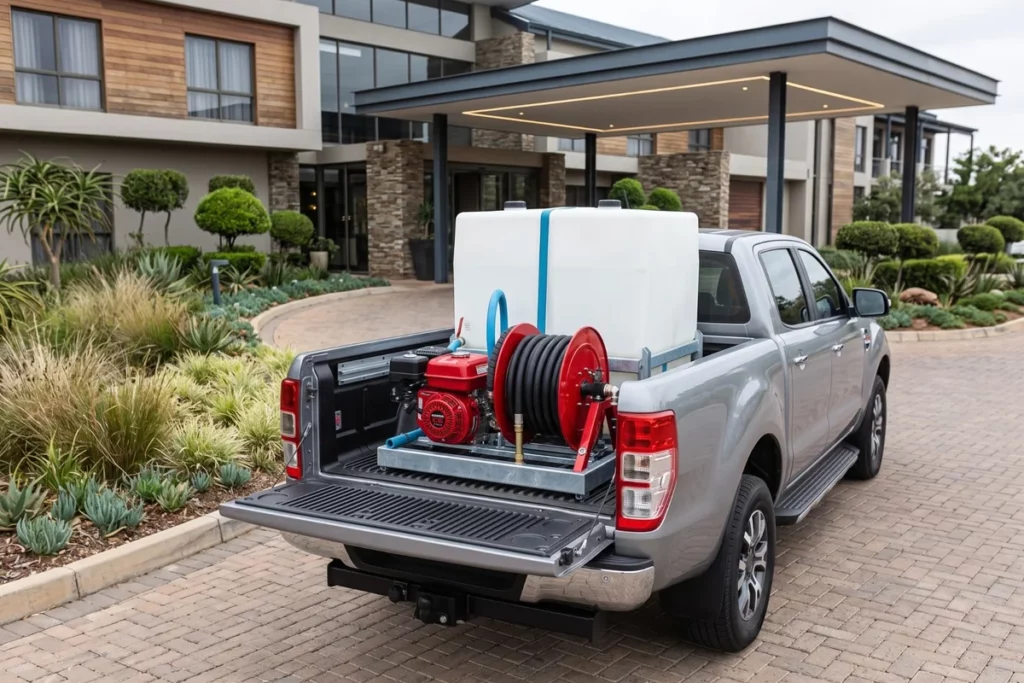 Kit incendie embarqué MIRAGE installé sur un pick-up devant un hôtel ou établissement recevant du public
