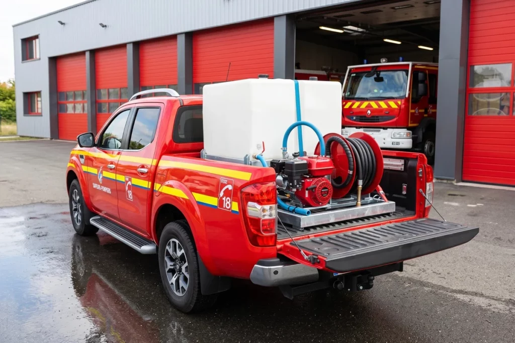 Kit incendie embarqué MIRAGE installé sur un pick-up de sapeurs-pompiers devant une caserne