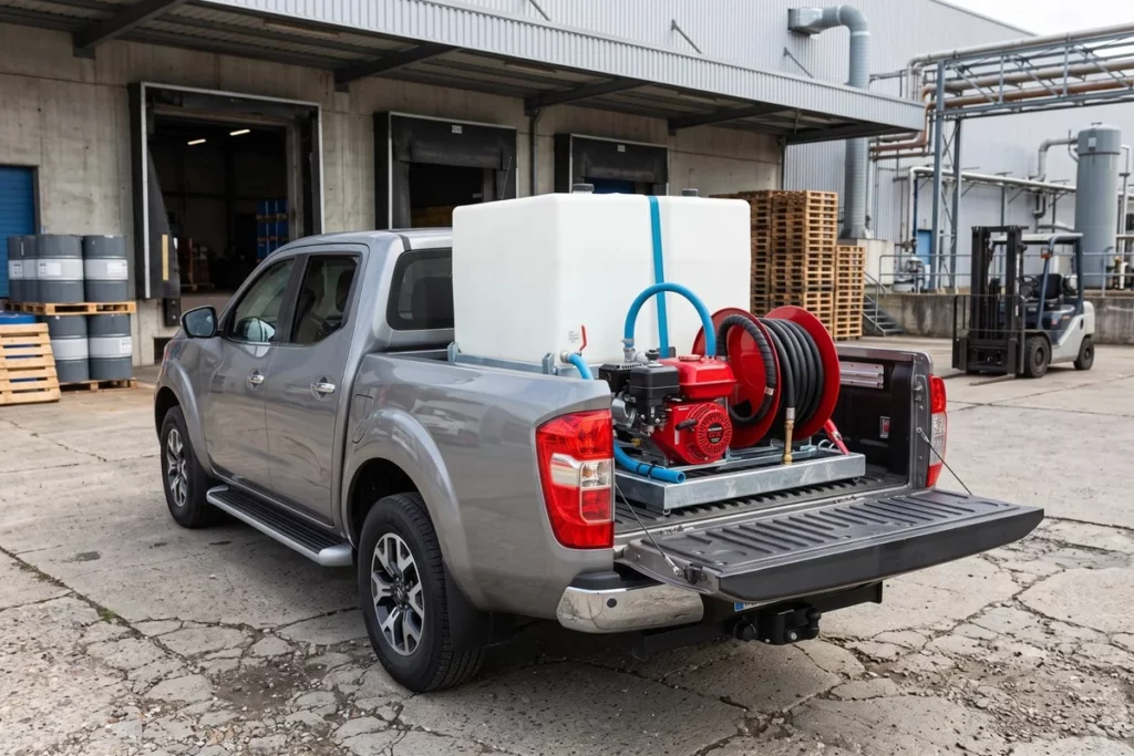Kit incendie embarqué MIRAGE installé sur un pick-up dans un site industriel et logistique