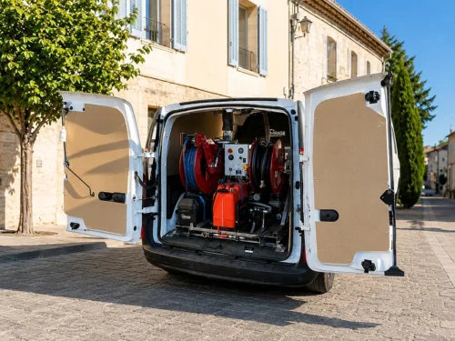 Skid de lavage haute pression MIRAGE installé dans un fourgon utilitaire, avec enrouleurs et système de nettoyage professionnel.