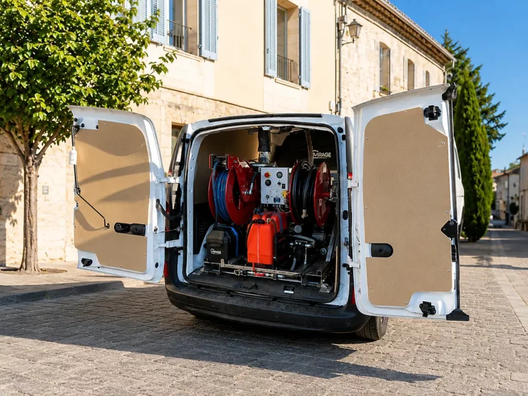 Skid de lavage haute pression MIRAGE installé dans un fourgon utilitaire, avec enrouleurs et système de nettoyage professionnel.