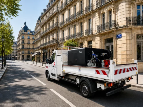 Système de lavage haute pression eau chaude MIRAGE installé sur camion plateau à Montpellier.