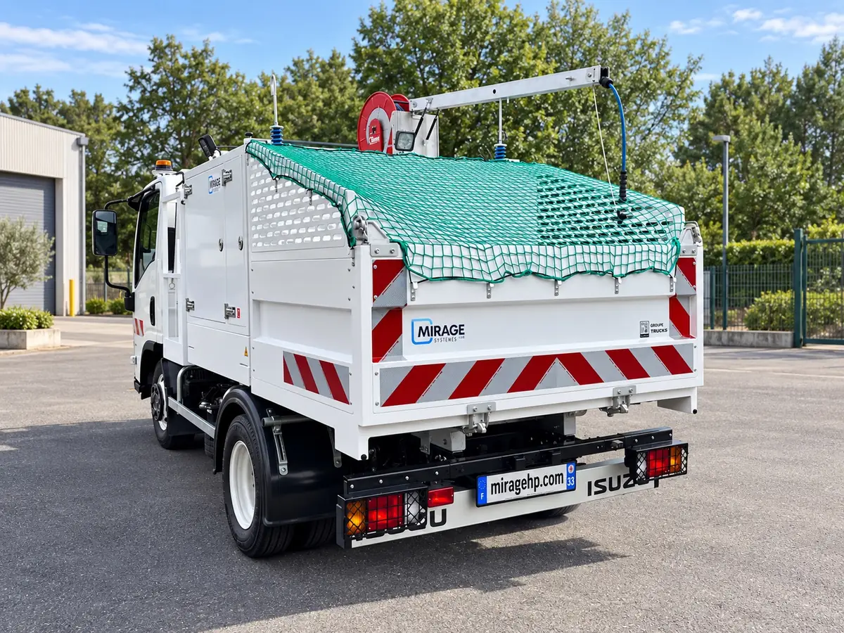 Vue arrière du camion HYDRA H300 avec carrosserie de lavage et enrouleur haute pression