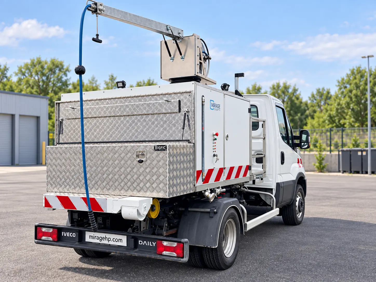 HYDRA HB200 sur berce ampliroll, vue arrière de la machine de lavage haute pression