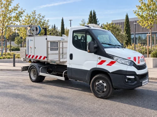HYDRA HB200 sur berce ampliroll, vue avant du camion et de la potence de lavage